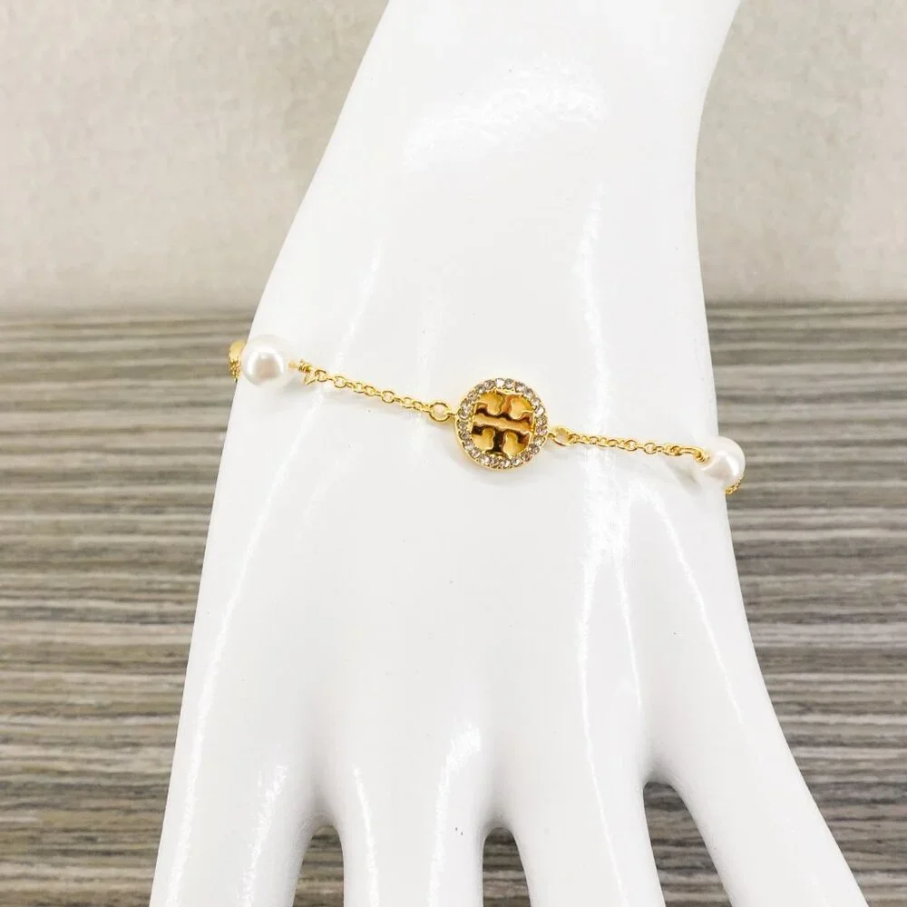 Tory Burch Crystal Logo & Imitation Pearl Station Bracelet Ivory/Tory Gold OS